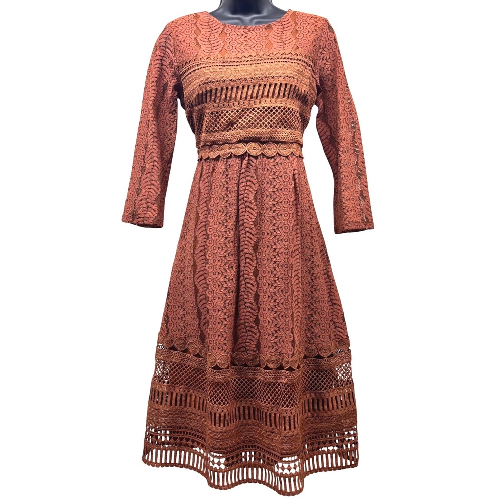 Polagram Lace Midi Dress Rust Orange 3/4 Sleeve Crochet Detail PSD3644 Small
